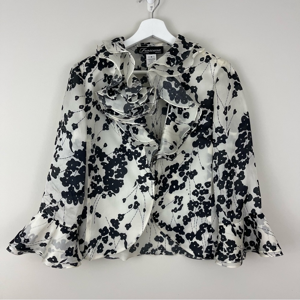 Frascara Beker Fashions Silk Floral Ruffle Single Button Blouse Top